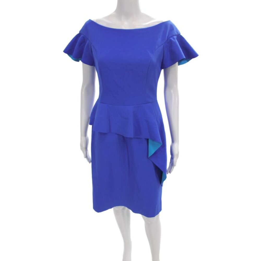 Rickie Freeman Teri Jon Womens Sheath Dress Blue Off Shoulder Size 8